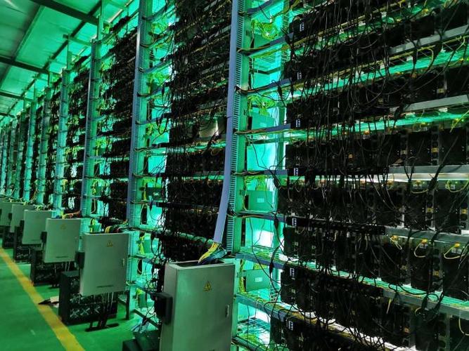 A modern mining farm with rows of mining rigs.